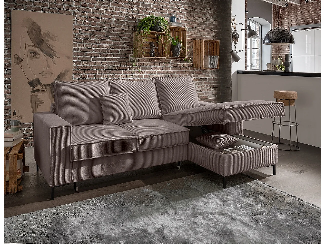 MYHOMELANDO Jerome hoekbank – L-vorm met slaapfunctie en opbergruimte, cordbekleding