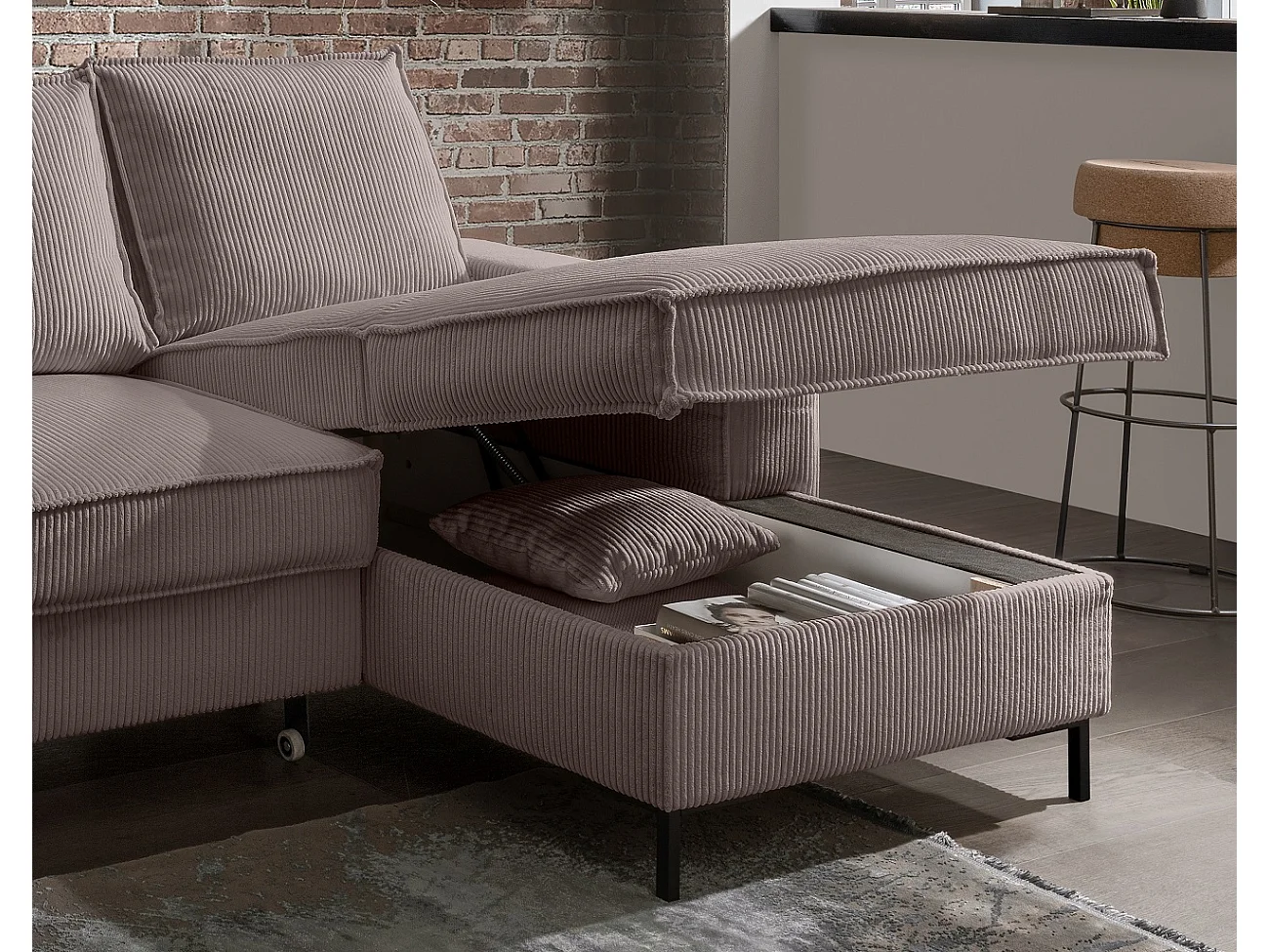 MYHOMELANDO Jerome hoekbank – L-vorm met slaapfunctie en opbergruimte, cordbekleding