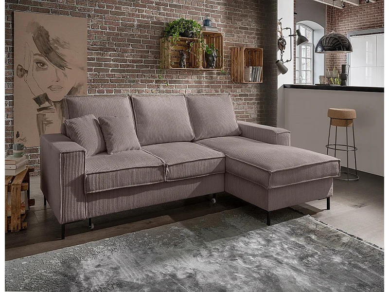 MYHOMELANDO Jerome canapé d’angle – forme en L avec fonction couchage et coffre de rangement, revêtement en velours côtelé