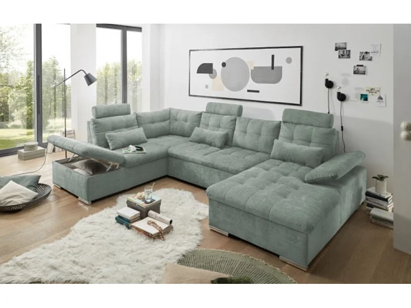 MYHOMELANDO Brest canapé panoramique – forme en U avec fonction couchage et coffre de rangement