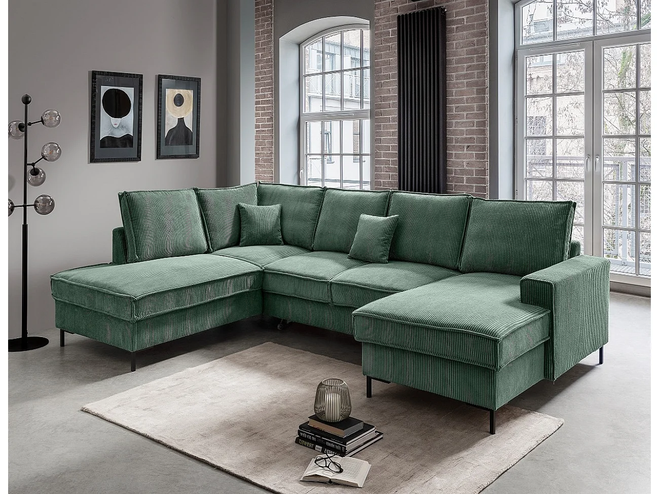 MYHOMELANDO Jerome Wohnlandschaft – U-Form Schlaffunktion und Bettkasten, Cordstoff