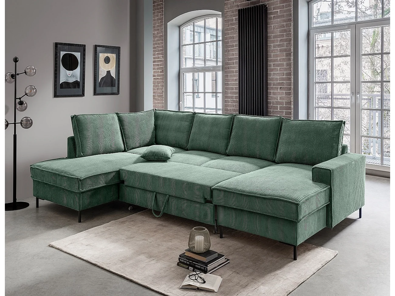 MYHOMELANDO Jerome Wohnlandschaft – U-Form Schlaffunktion und Bettkasten, Cordstoff