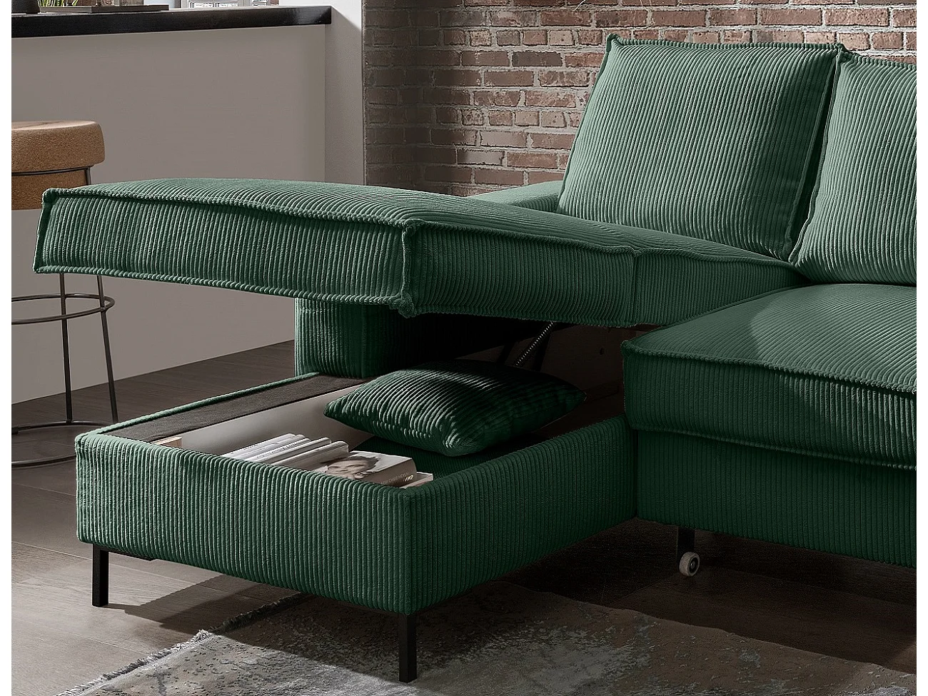 MYHOMELANDO Jerome Wohnlandschaft – U-Form Schlaffunktion und Bettkasten, Cordstoff