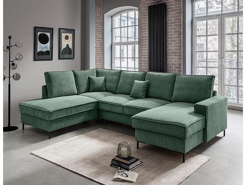 MYHOMELANDO Jerome Wohnlandschaft – U-Form Schlaffunktion und Bettkasten, Cordstoff