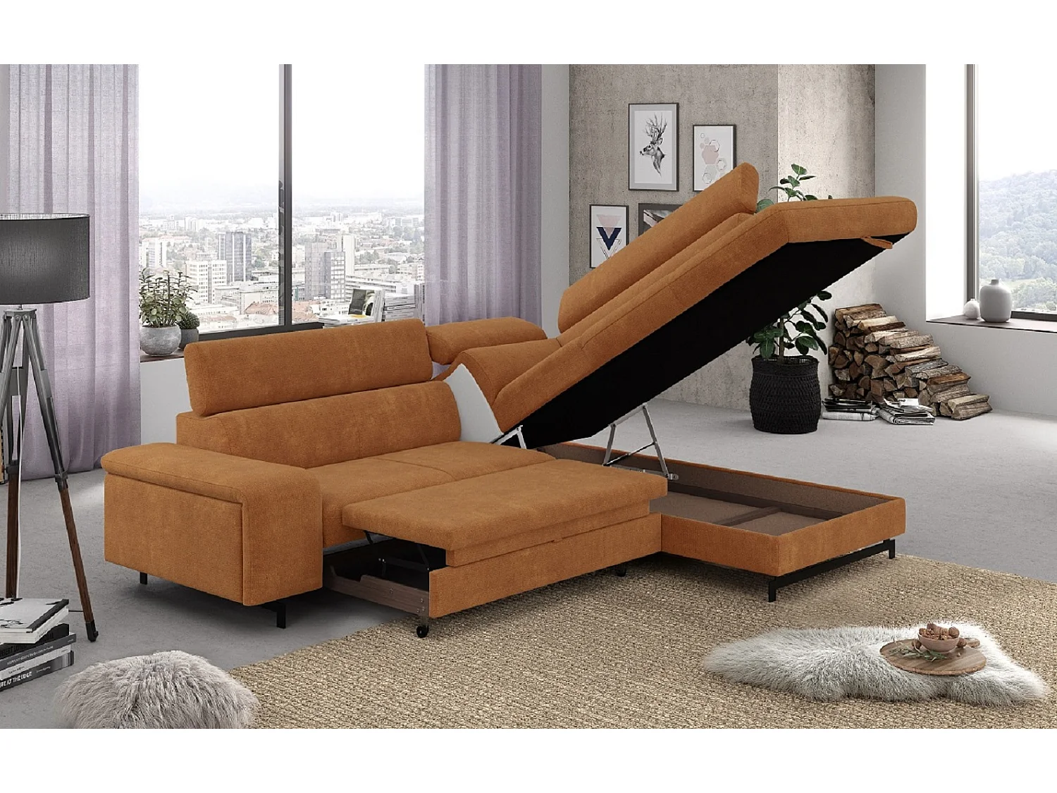 MYHOMELANDO Emma hoekbank – L-vorm met slaapfunctie en opbergruimte, verstelbare hoofdsteunen