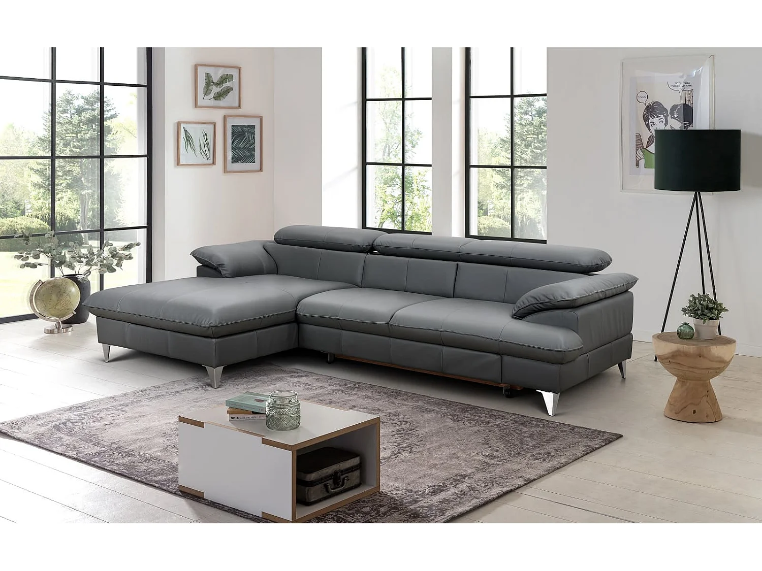 MYHOMELANDO David hoekbank echt leer – L-vorm met slaapfunctie, opbergruimte en verstelbare hoofdsteunen