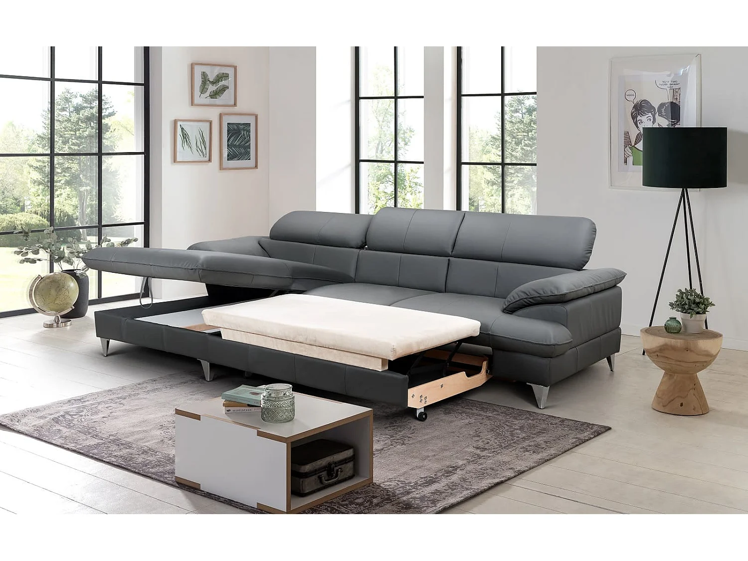 MYHOMELANDO David hoekbank echt leer – L-vorm met slaapfunctie, opbergruimte en verstelbare hoofdsteunen