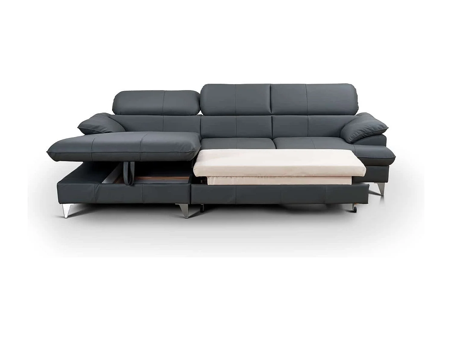 MYHOMELANDO David hoekbank echt leer – L-vorm met slaapfunctie, opbergruimte en verstelbare hoofdsteunen