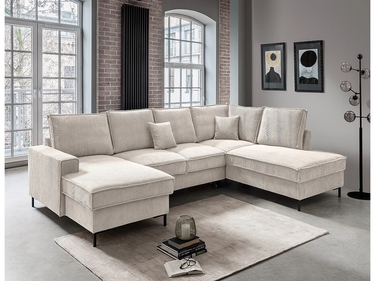 MYHOMELANDO Jerome Wohnlandschaft – U-Form Schlaffunktion und Bettkasten, Cordstoff