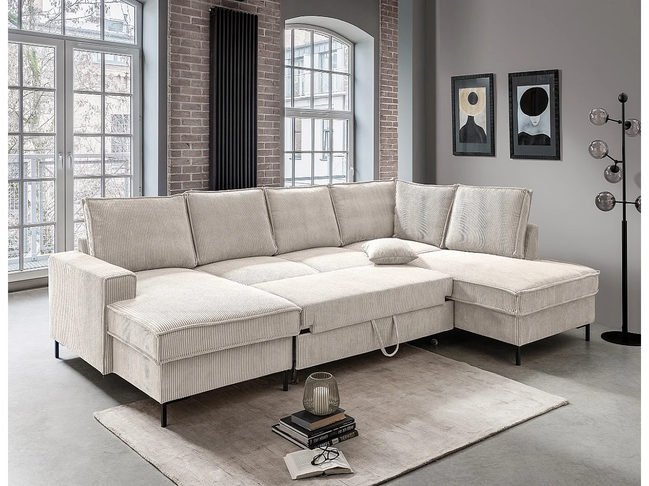 MYHOMELANDO Jerome Wohnlandschaft – U-Form Schlaffunktion und Bettkasten, Cordstoff