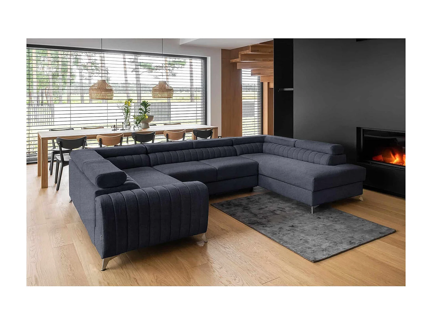 MYHOMELANDO Louis canapé panoramique – forme en U avec fonction couchage et coffre de rangement, tissu Poco