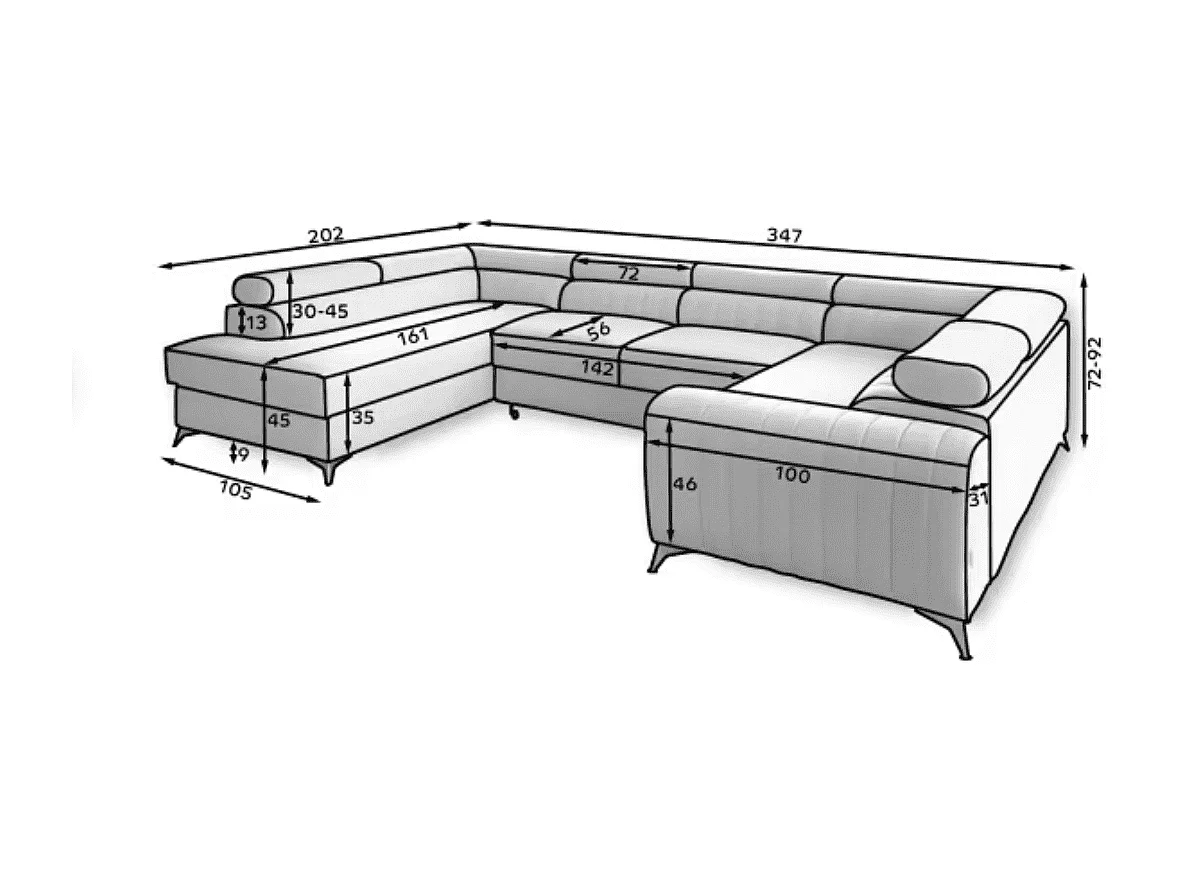 MYHOMELANDO Louis canapé panoramique – forme en U avec fonction couchage et coffre de rangement, tissu Poco