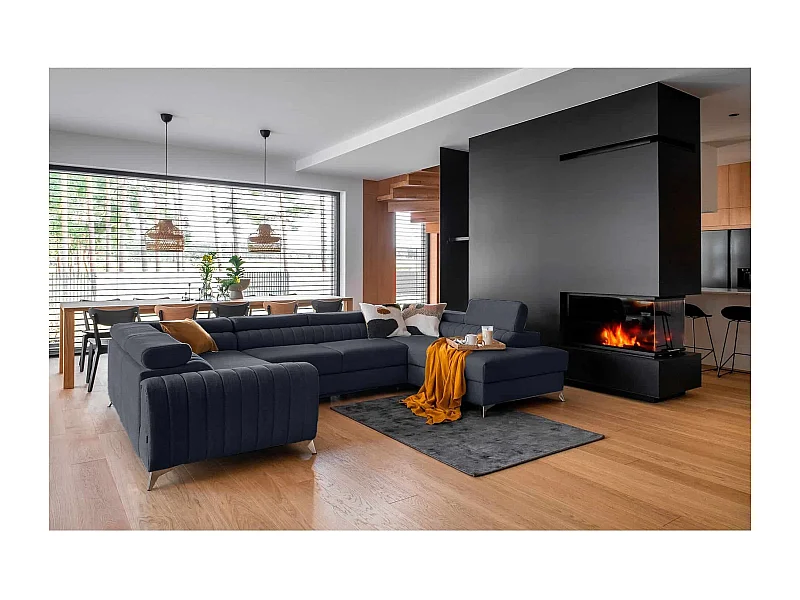 MYHOMELANDO Louis canapé panoramique – forme en U avec fonction couchage et coffre de rangement, tissu Poco