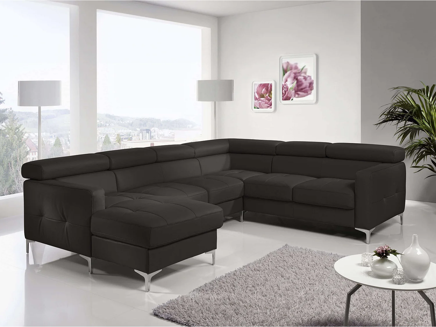 MYHOMELANDO Sammy echt leren woonlandschap – U-vorm met slaapfunctie, opbergruimte en verstelbare hoofdsteunen