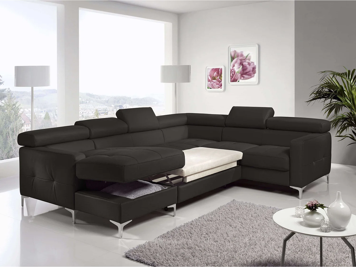 MYHOMELANDO Sammy echt leren woonlandschap – U-vorm met slaapfunctie, opbergruimte en verstelbare hoofdsteunen