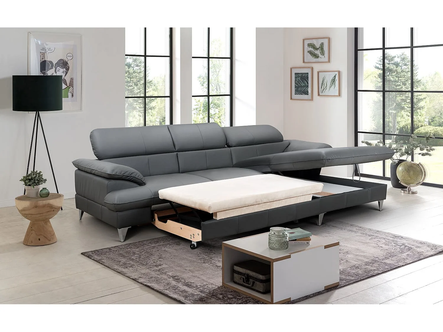 MYHOMELANDO David hoekbank echt leer – L-vorm met slaapfunctie, opbergruimte en verstelbare hoofdsteunen