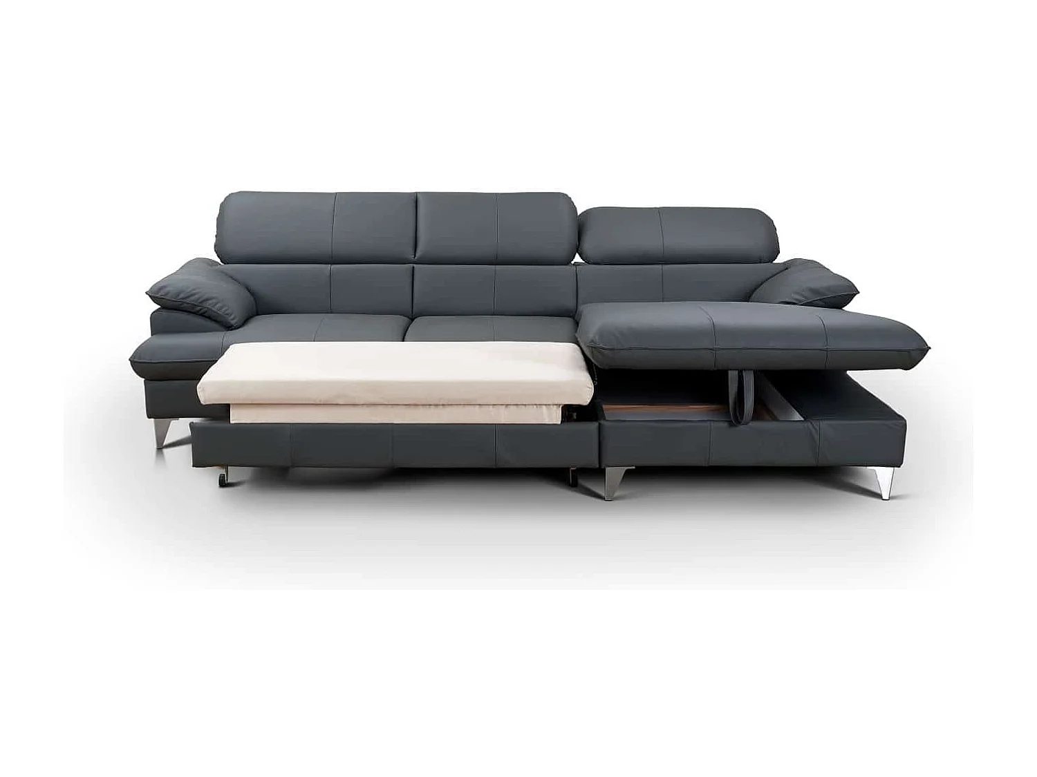 MYHOMELANDO David hoekbank echt leer – L-vorm met slaapfunctie, opbergruimte en verstelbare hoofdsteunen