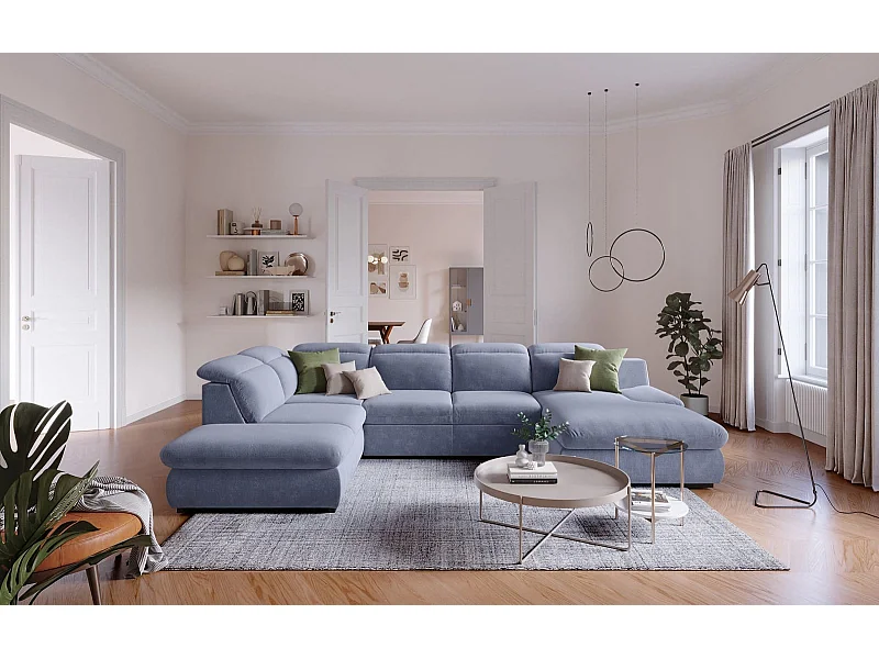 MYHOMELANDO Lorena canapé panoramique – forme en U avec fonction couchage et coffre de rangement