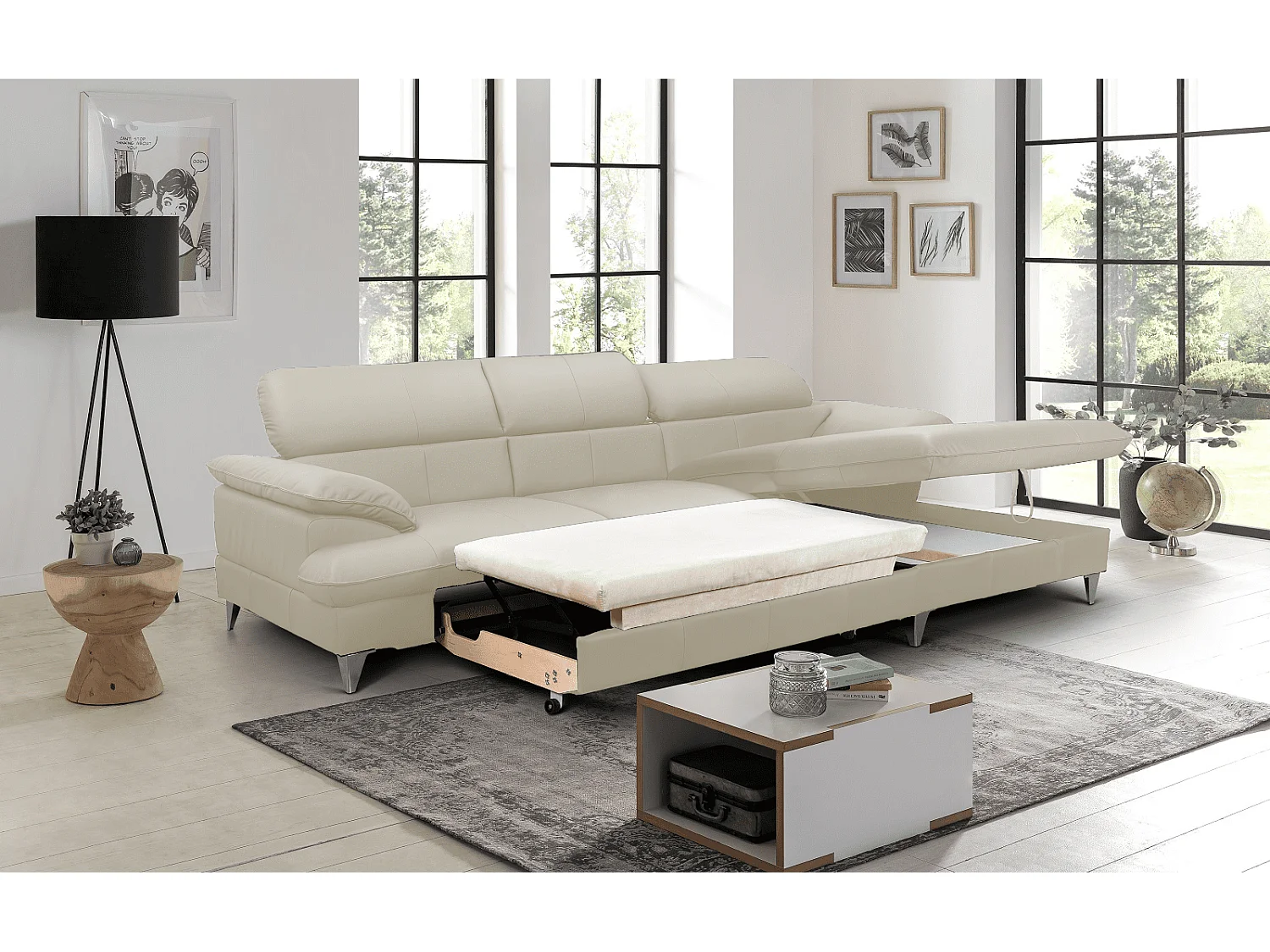 MYHOMELANDO David hoekbank echt leer – L-vorm met slaapfunctie, opbergruimte en verstelbare hoofdsteunen