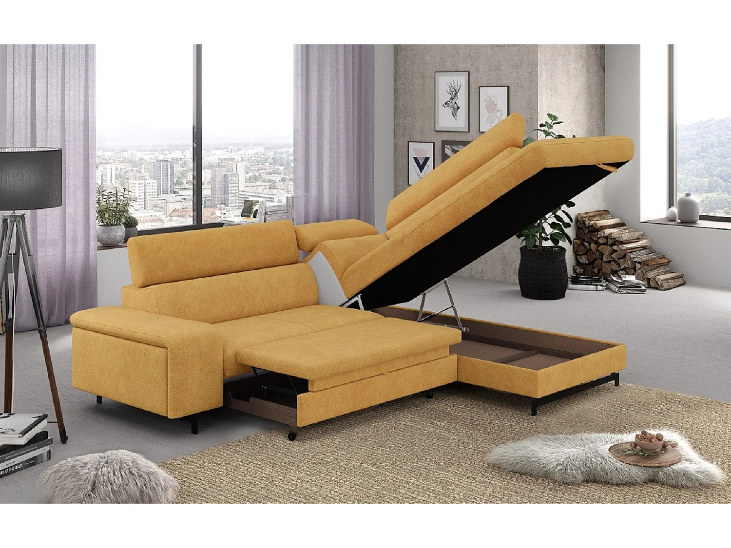 MYHOMELANDO Emma hoekbank – L-vorm met slaapfunctie en opbergruimte, verstelbare hoofdsteunen