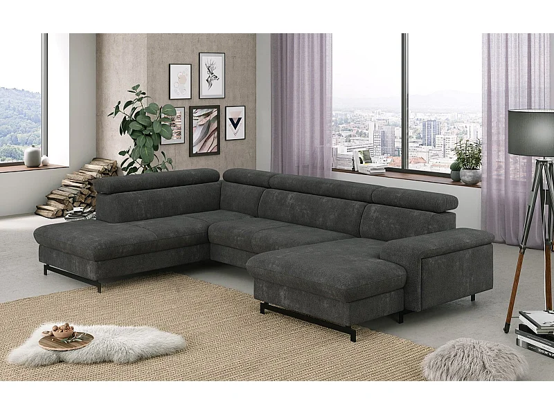 MYHOMELANDO Emma canapé panoramique – forme en U avec fonction couchage et coffre de rangement, tissu Orlando