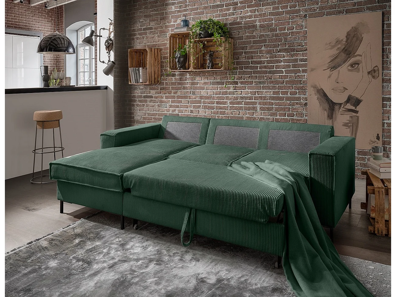 MYHOMELANDO Jerome hoekbank – L-vorm met slaapfunctie en opbergruimte, cordbekleding