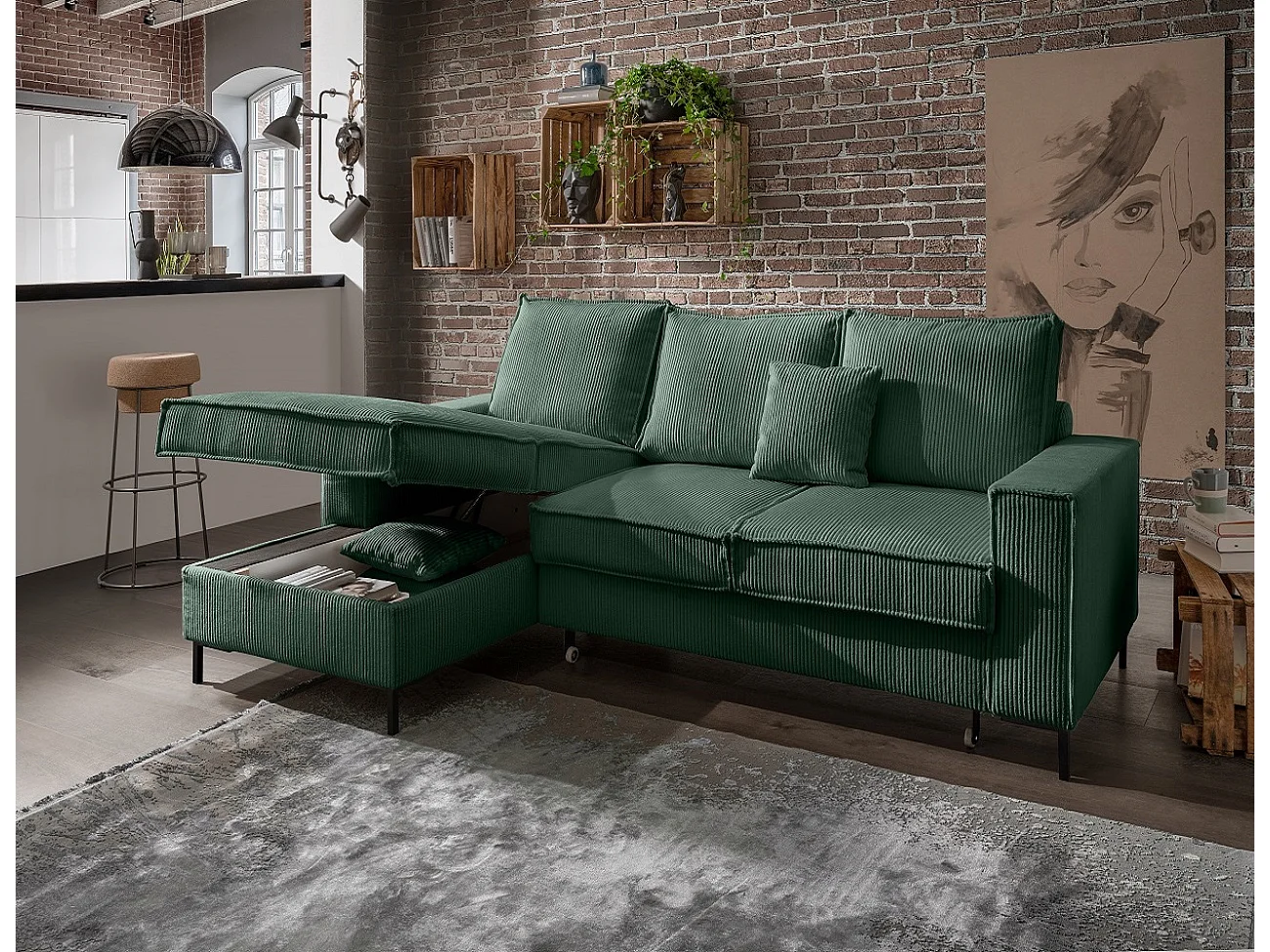 MYHOMELANDO Jerome hoekbank – L-vorm met slaapfunctie en opbergruimte, cordbekleding