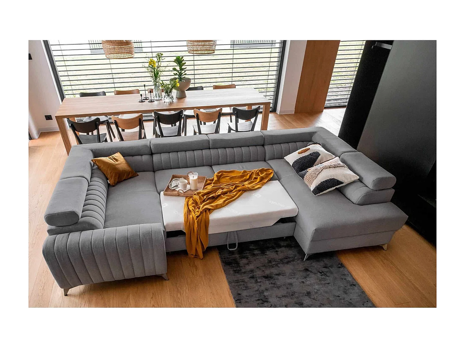 MYHOMELANDO Louis canapé panoramique – forme en U avec fonction couchage et coffre de rangement, tissu Poco