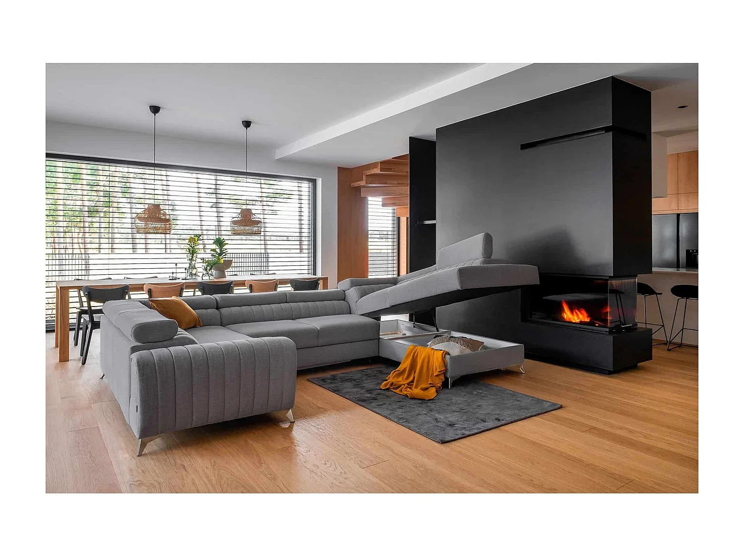 MYHOMELANDO Louis canapé panoramique – forme en U avec fonction couchage et coffre de rangement, tissu Poco