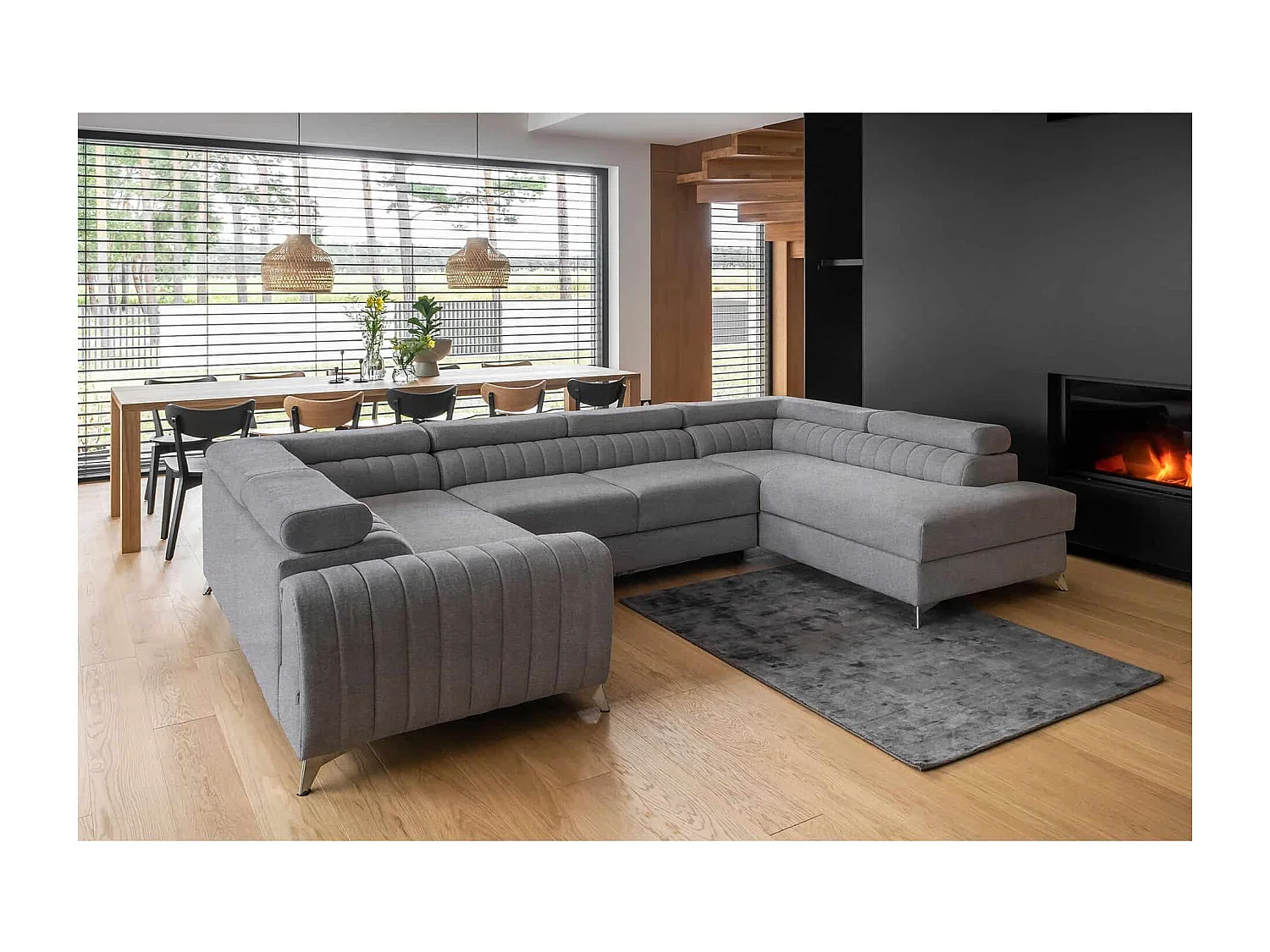 MYHOMELANDO Louis canapé panoramique – forme en U avec fonction couchage et coffre de rangement, tissu Poco