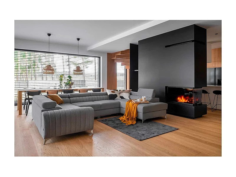 MYHOMELANDO Louis canapé panoramique – forme en U avec fonction couchage et coffre de rangement, tissu Poco