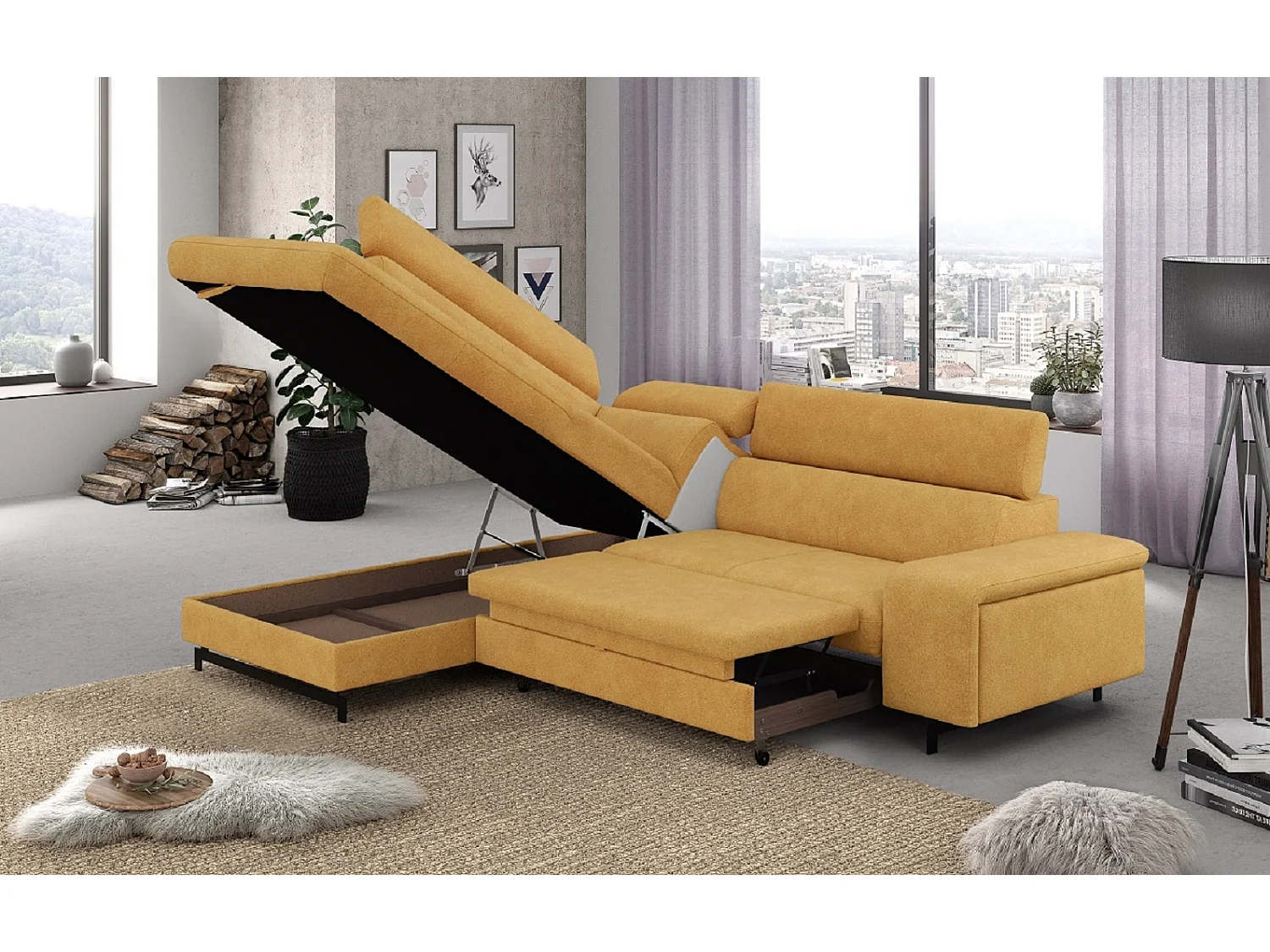 MYHOMELANDO Emma hoekbank – L-vorm met slaapfunctie en opbergruimte, verstelbare hoofdsteunen