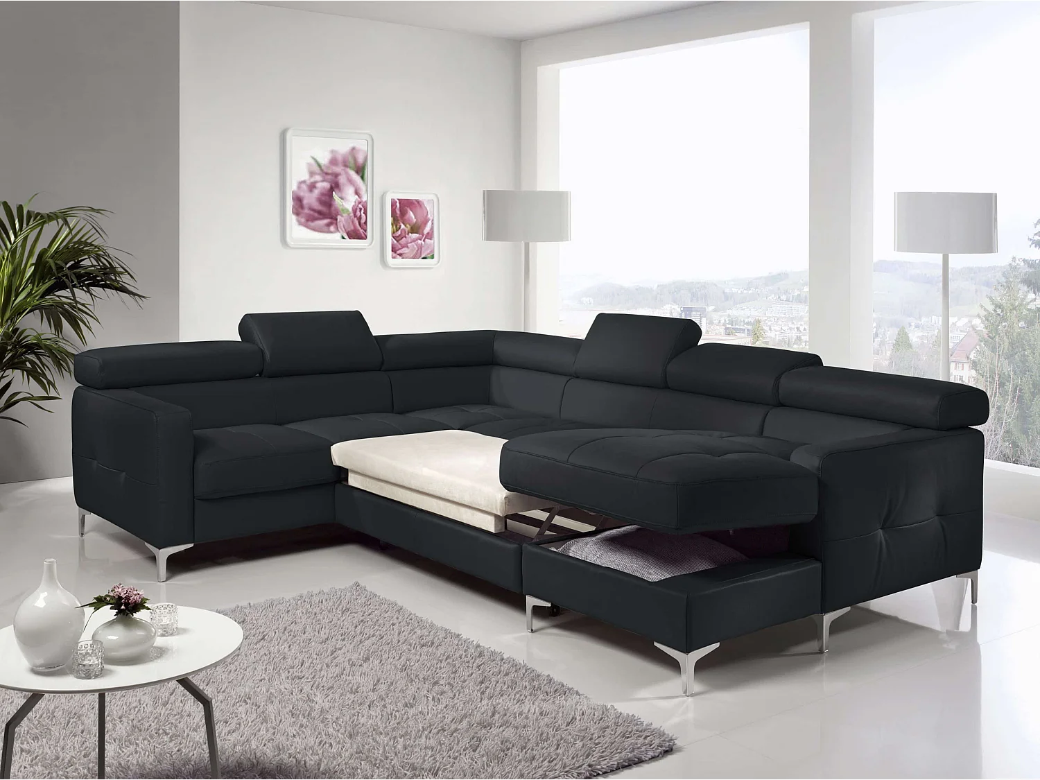 MYHOMELANDO Sammy echt leren woonlandschap – U-vorm met slaapfunctie, opbergruimte en verstelbare hoofdsteunen