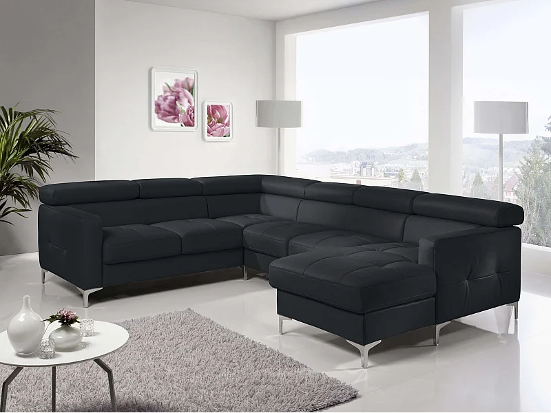 MYHOMELANDO Sammy Echtleder Wohnlandschaft – U-Form mit Schlaffunktion, Bettkasten und verstellbaren Kopfstützen