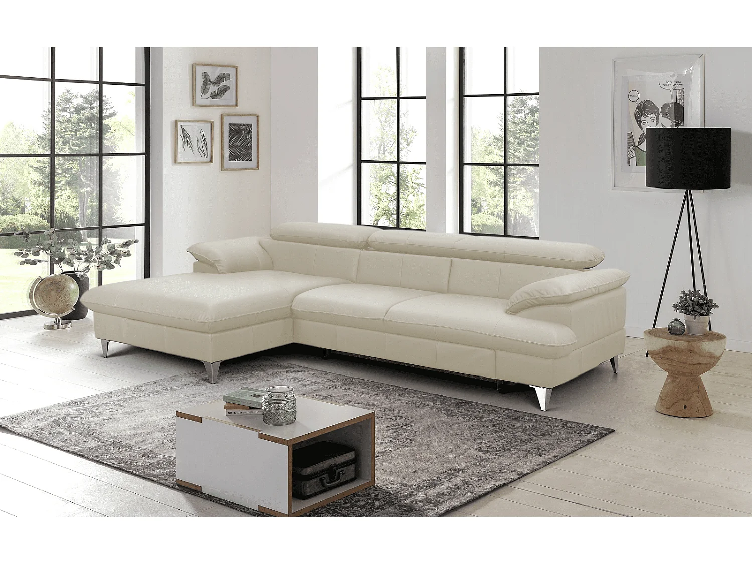 MYHOMELANDO David hoekbank echt leer – L-vorm met slaapfunctie, opbergruimte en verstelbare hoofdsteunen