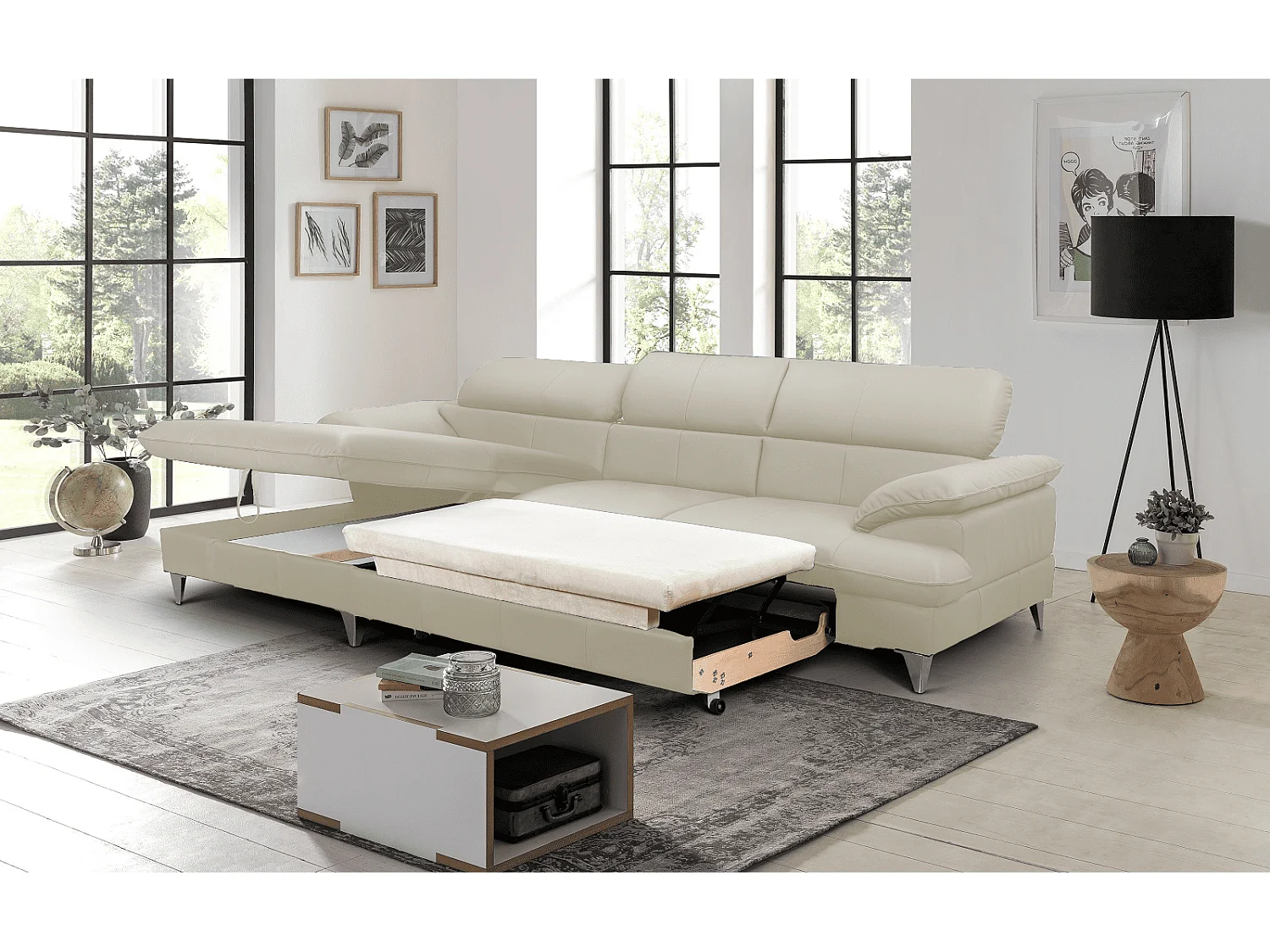 MYHOMELANDO David hoekbank echt leer – L-vorm met slaapfunctie, opbergruimte en verstelbare hoofdsteunen