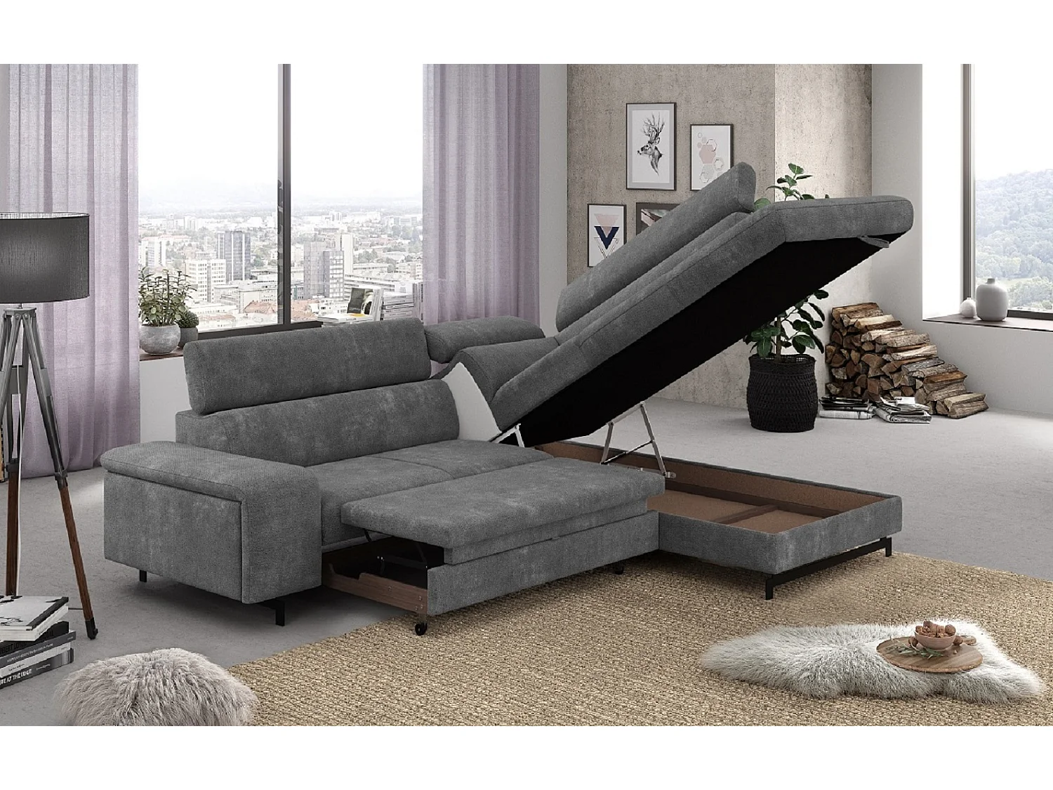 MYHOMELANDO Emma hoekbank – L-vorm met slaapfunctie en opbergruimte, verstelbare hoofdsteunen