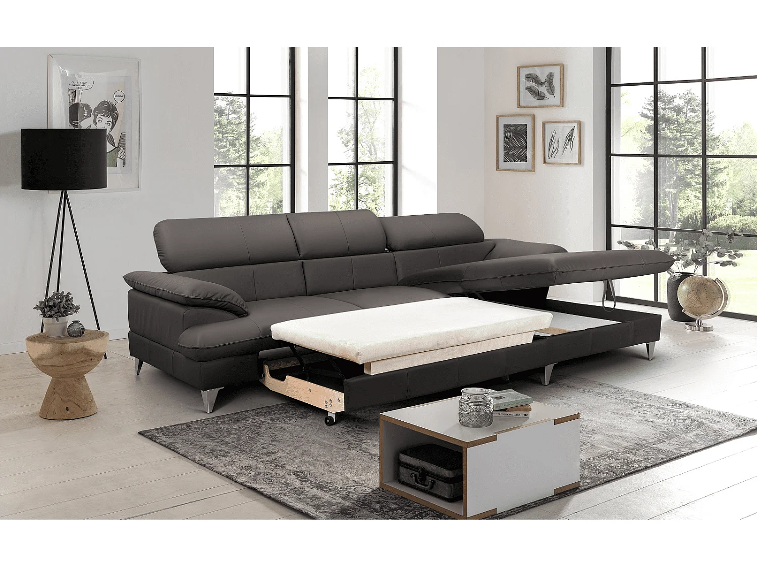 MYHOMELANDO David Ecksofa Echtleder – L-Form mit Schlaffunktion, Bettkasten und verstellbaren Kopfstützen