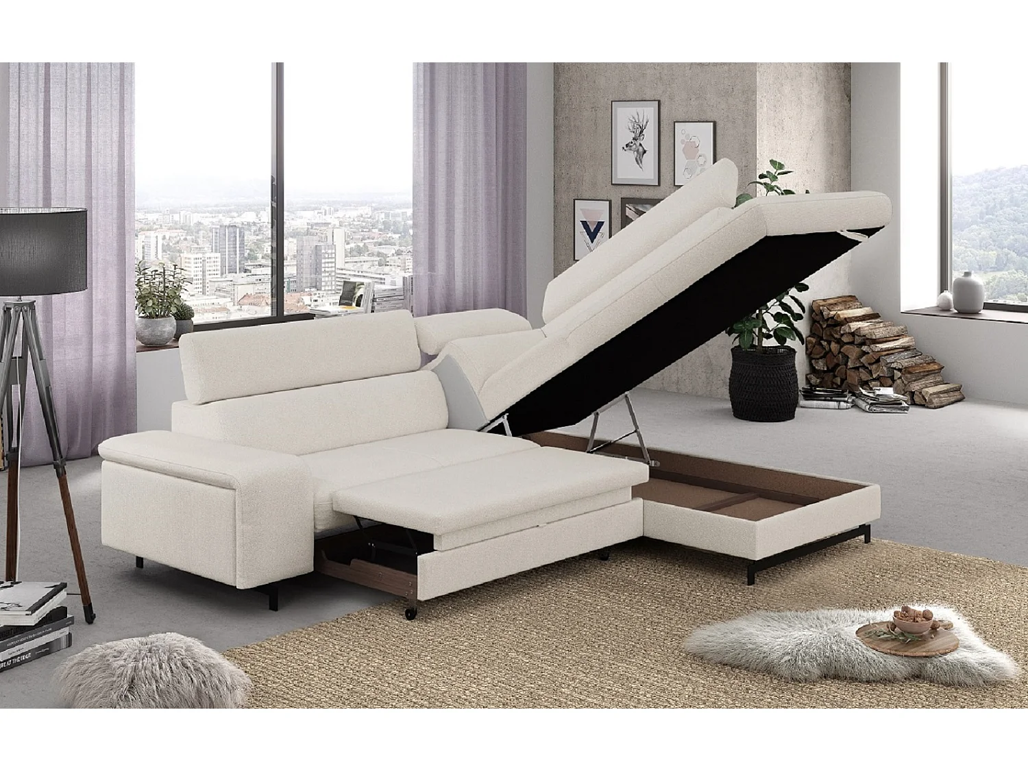 MYHOMELANDO Emma hoekbank – L-vorm met slaapfunctie en opbergruimte, verstelbare hoofdsteunen