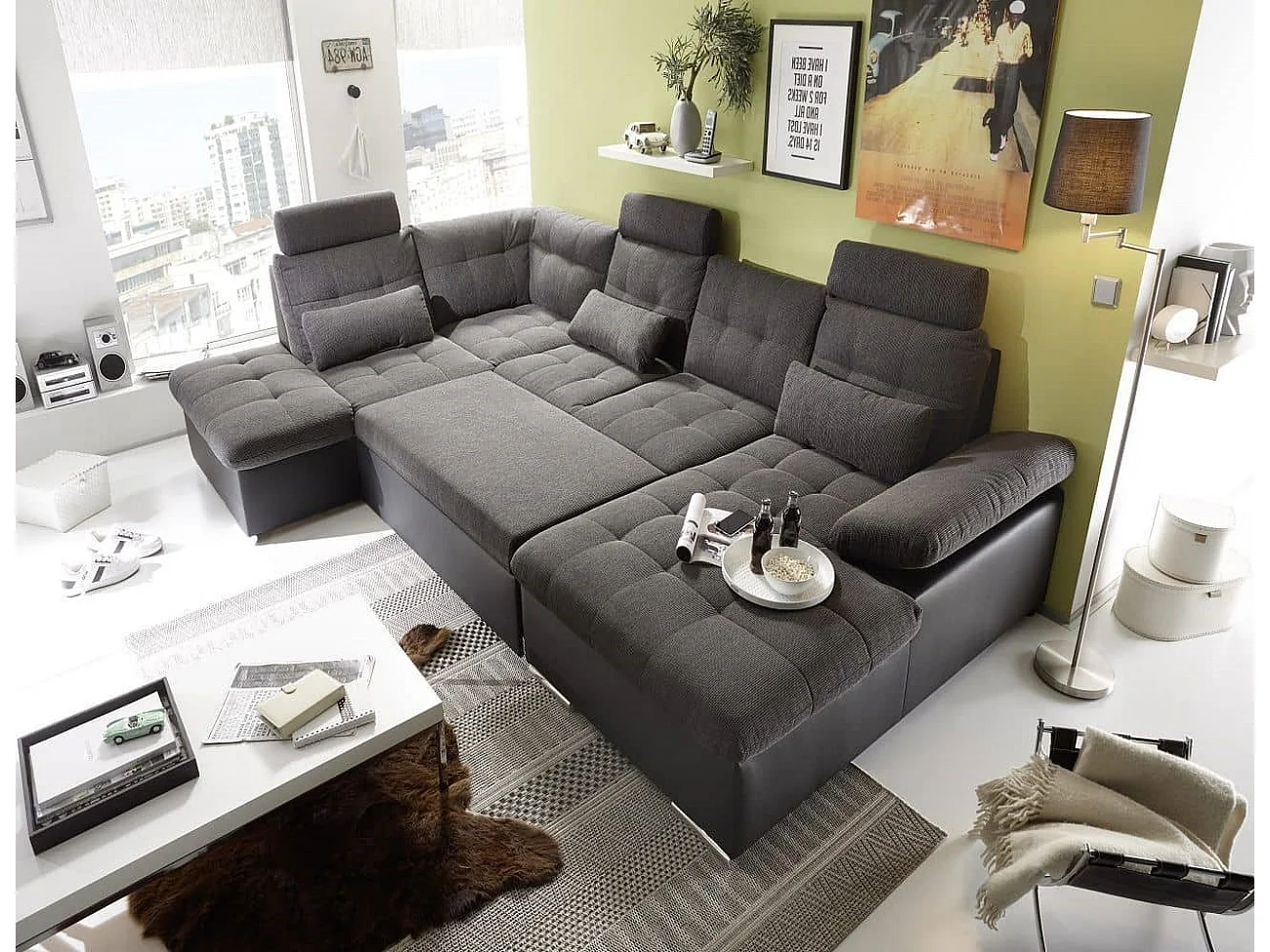 MYHOMELANDO Jakarta Wohnlandschaft – U-Form mit Schlaffunktion und Bettkasten