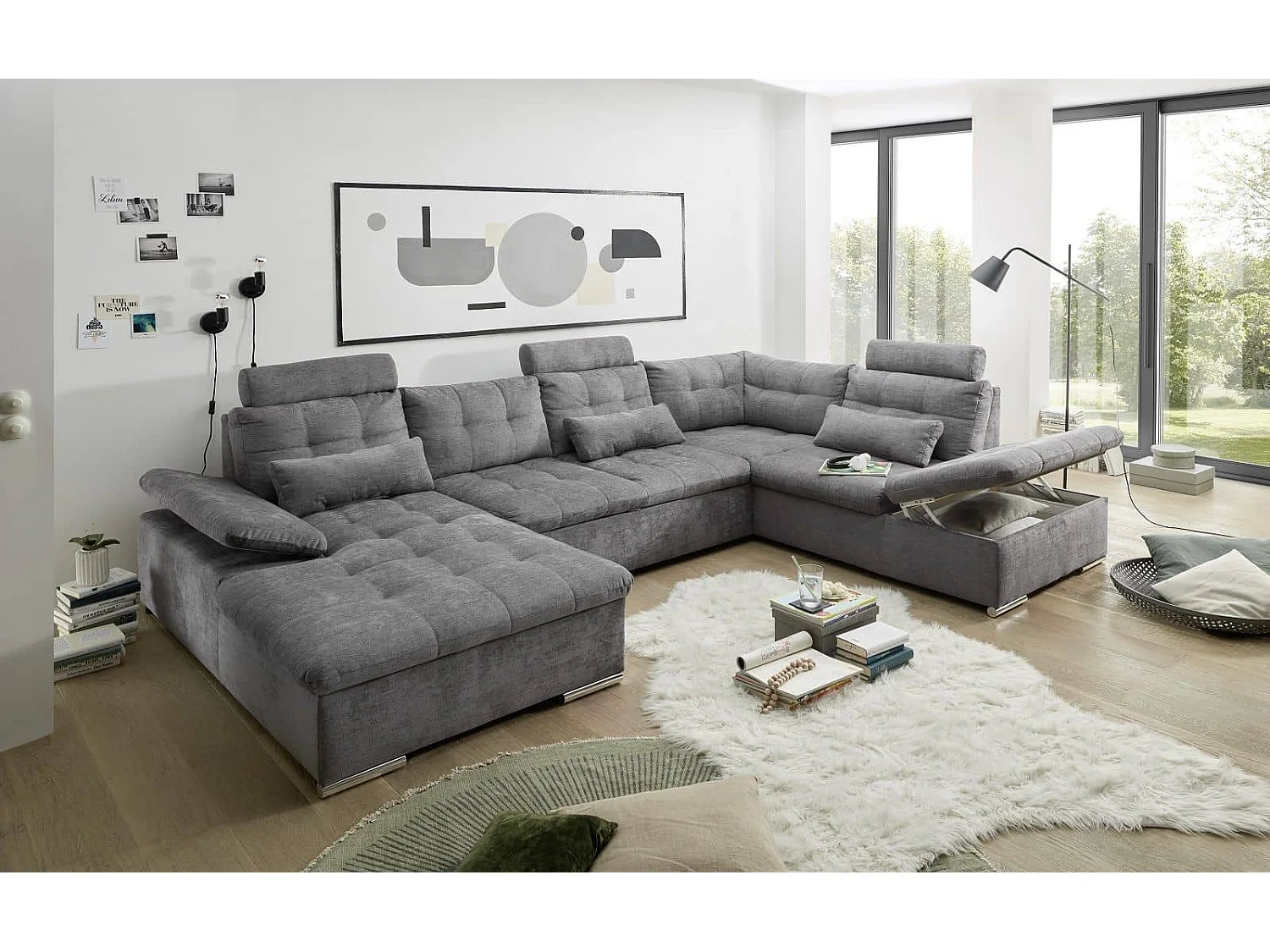 MYHOMELANDO Brest canapé panoramique – forme en U avec fonction couchage et coffre de rangement