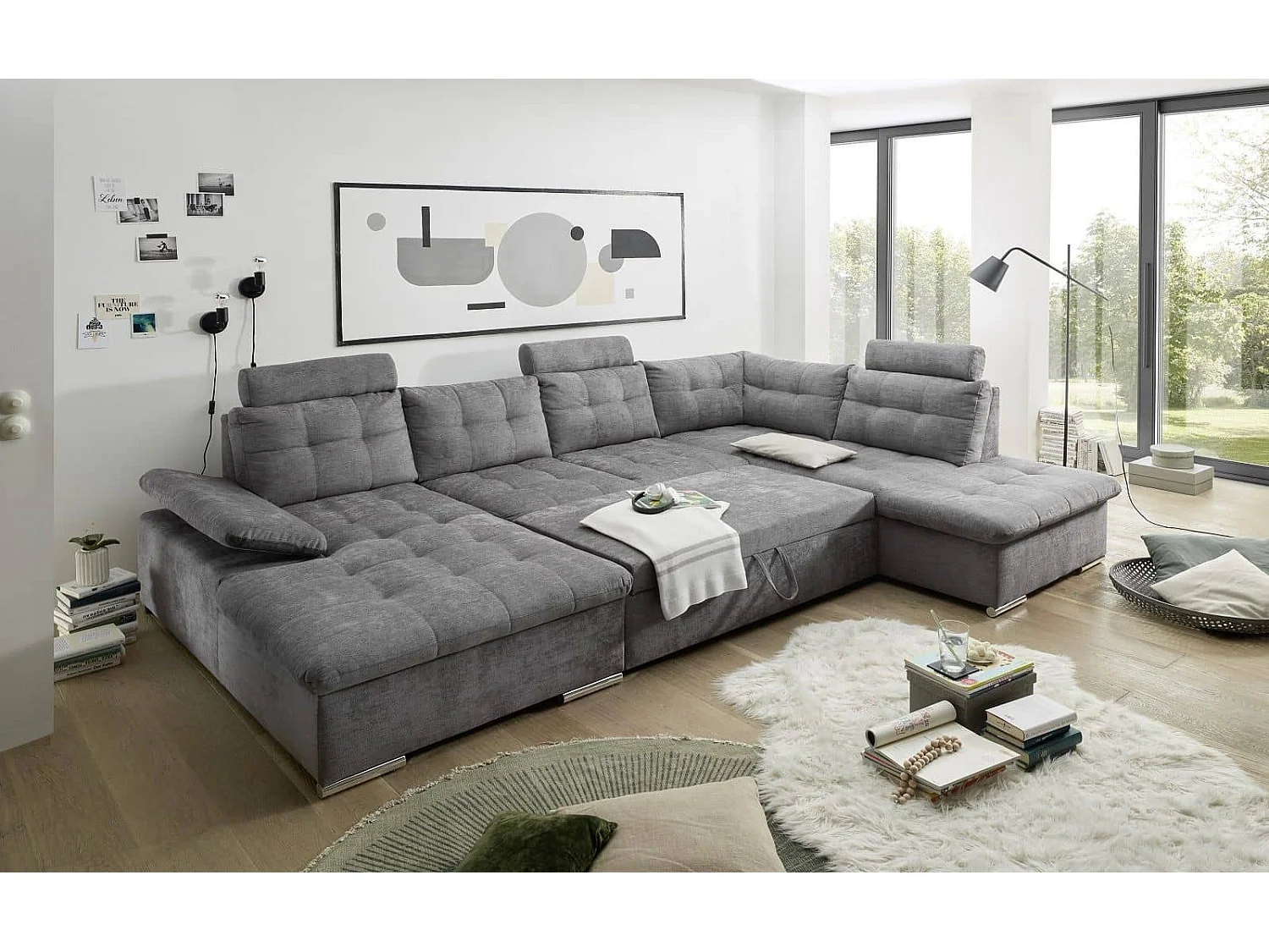 MYHOMELANDO Brest canapé panoramique – forme en U avec fonction couchage et coffre de rangement