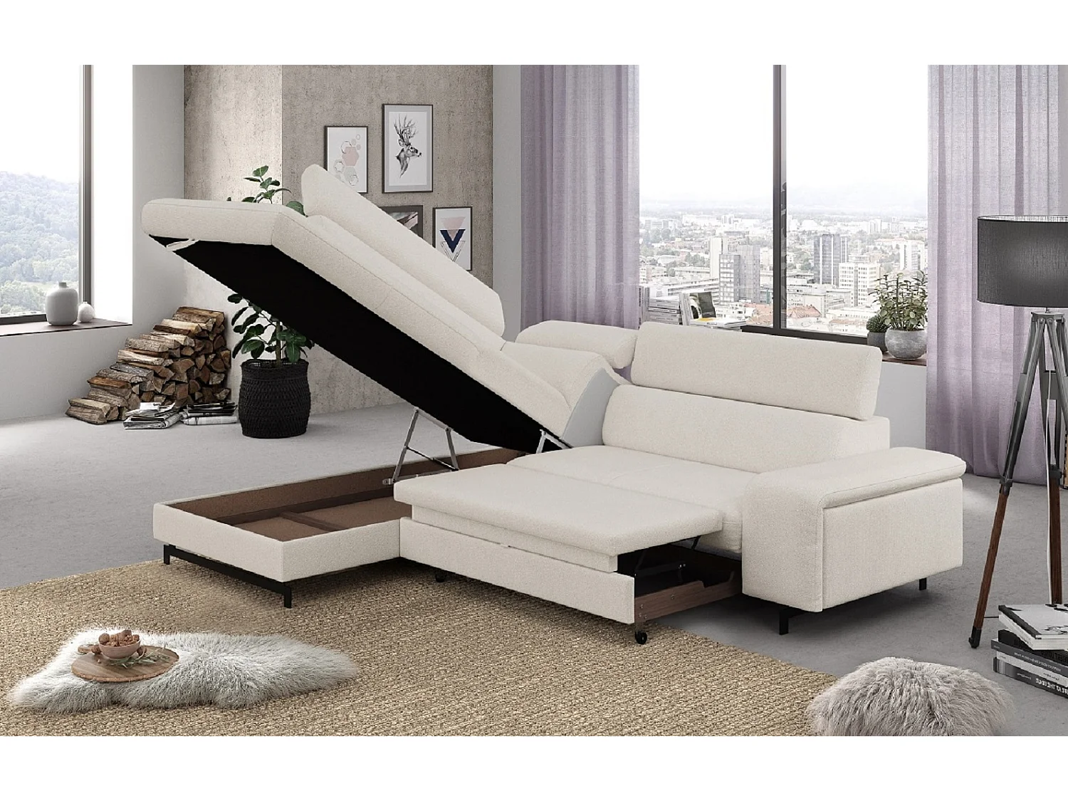 MYHOMELANDO Emma hoekbank – L-vorm met slaapfunctie en opbergruimte, verstelbare hoofdsteunen