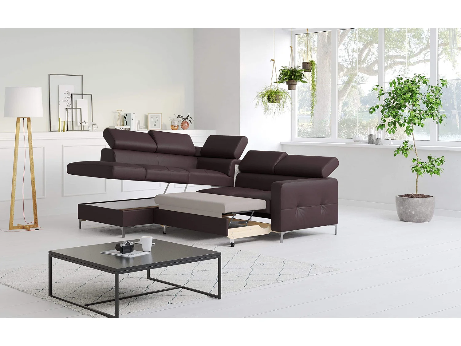 MYHOMELANDO Sammy echt leren hoekbank – L-vorm met slaapfunctie en opbergruimte