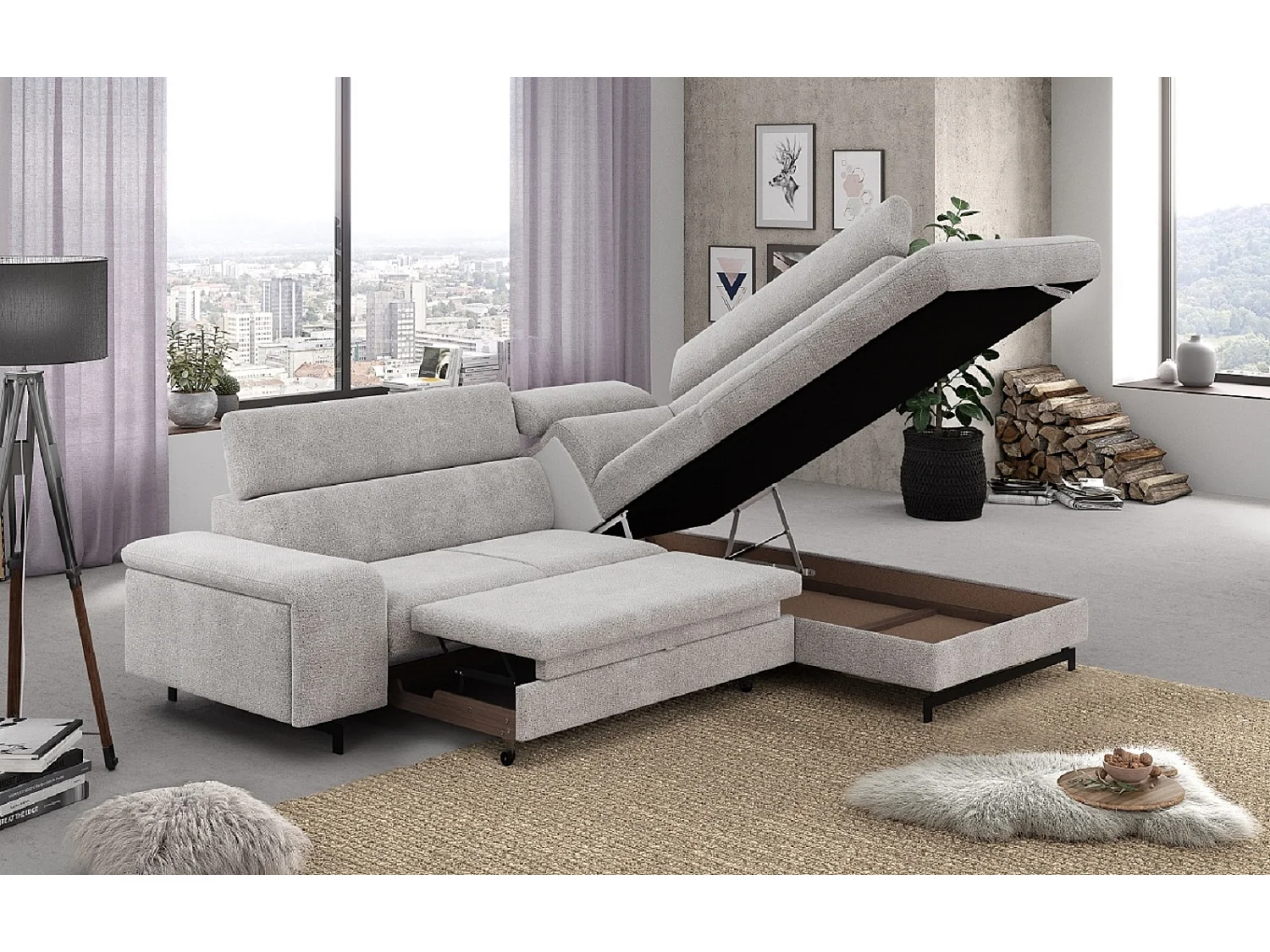 MYHOMELANDO Emma canapé d’angle – forme en L avec fonction couchage et coffre de rangement, appuie-têtes réglables