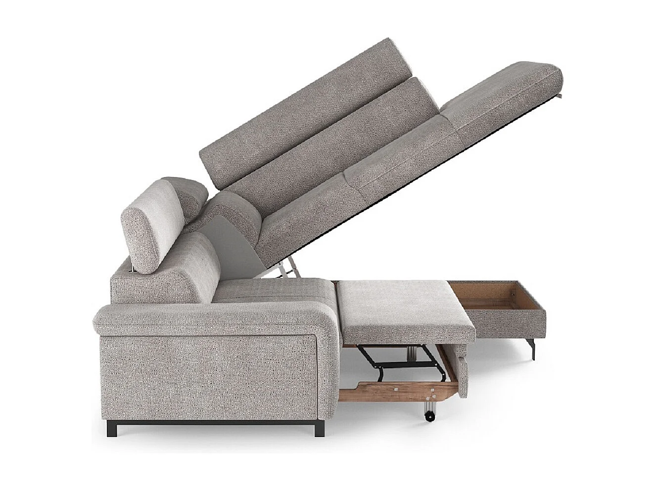 MYHOMELANDO Emma canapé d’angle – forme en L avec fonction couchage et coffre de rangement, appuie-têtes réglables