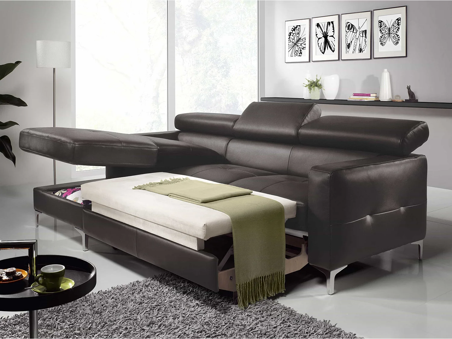 MYHOMELANDO Sammy echt leren hoekbank – L-vorm met recamière, slaapfunctie en opbergruimte