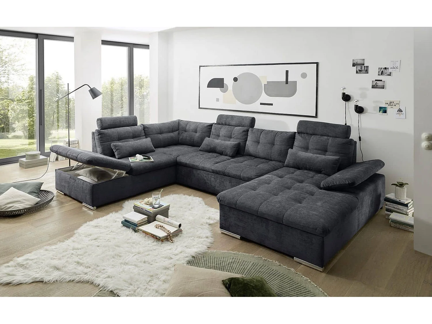 MYHOMELANDO Brest canapé panoramique – forme en U avec fonction couchage et coffre de rangement