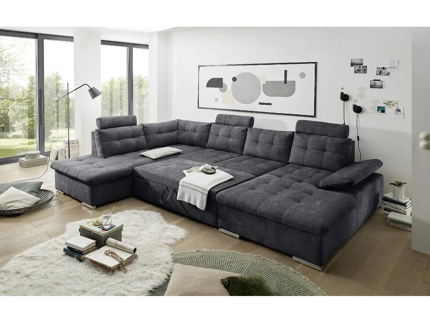 MYHOMELANDO Brest canapé panoramique – forme en U avec fonction couchage et coffre de rangement