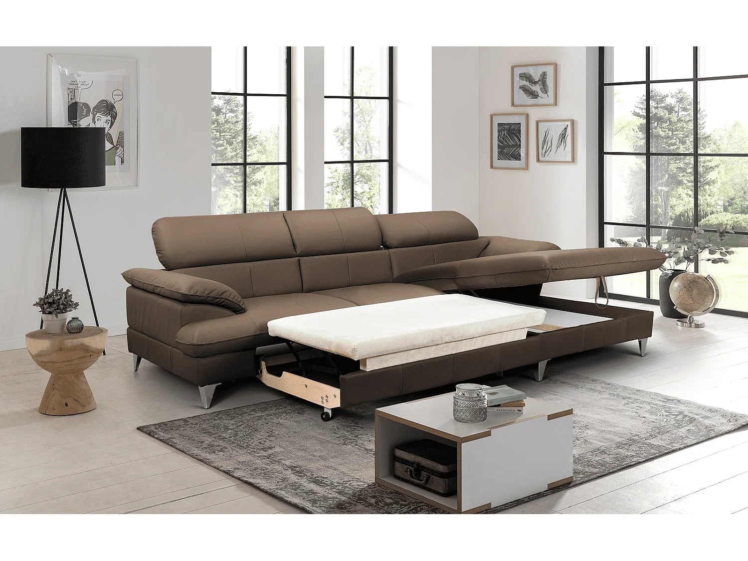 MYHOMELANDO David hoekbank echt leer – L-vorm met slaapfunctie, opbergruimte en verstelbare hoofdsteunen